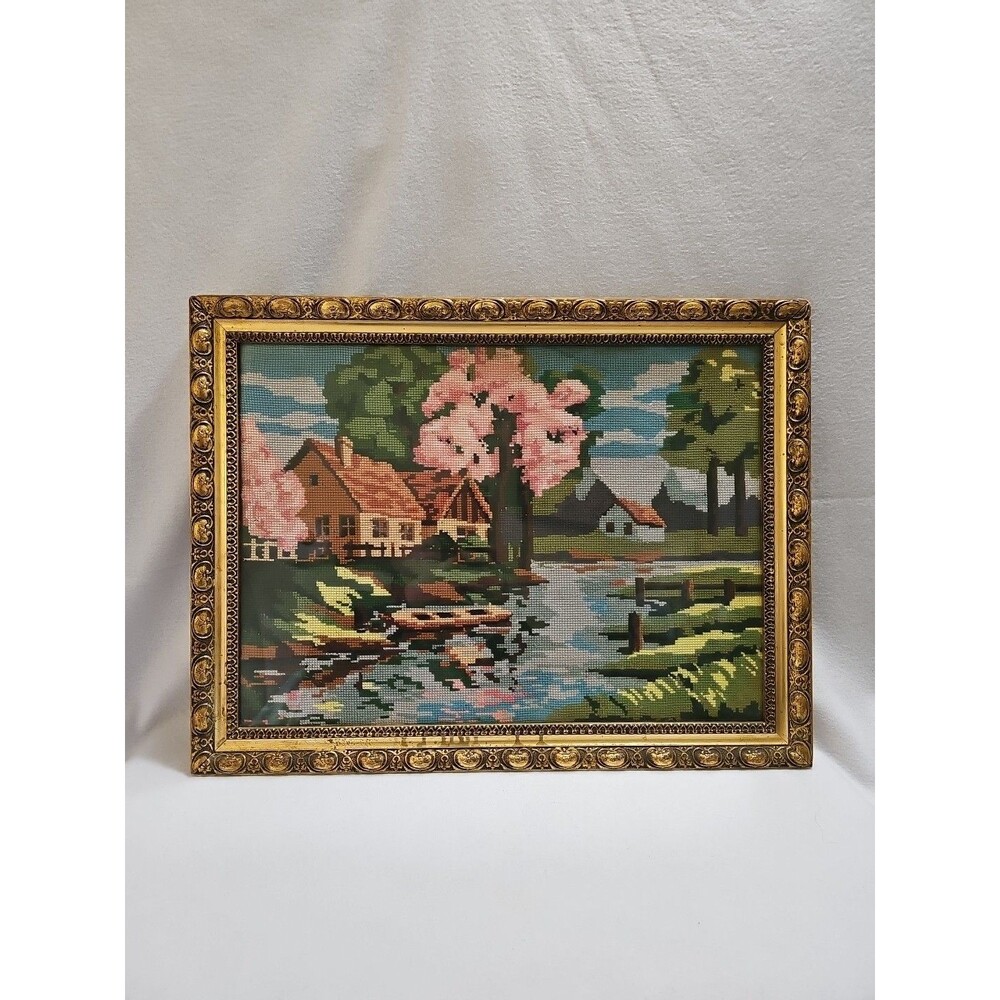 Vtg. Scenic Cross Stitch Country View Cottage, Farmhouse,  Rustic. Elegant Frame